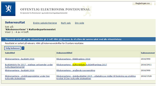 Skjermdump av søk i Offentlig elektronisk postjournal.