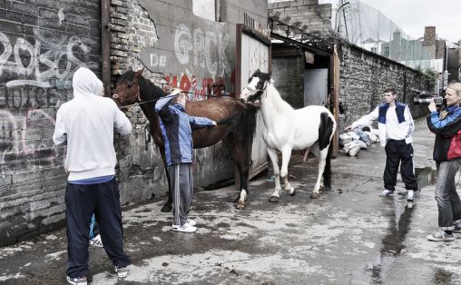 Kristin Vollset filmer guttene i hestehallene i Dublin