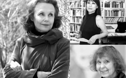 Kaija Saariaho (til v. Foto: Andrew Campbell), Sofia Gubaidulina (nede til h. Foto: F. Hoffmann La Roche) og Unsuk Chin (øverst til h. Foto: Priska Ketterer)