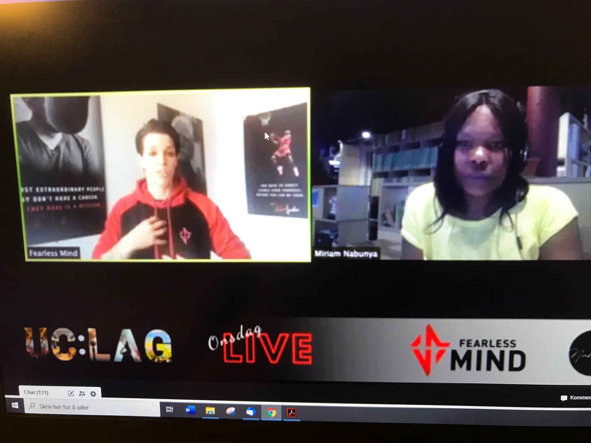 Skjermbilde fra nettsamtale mellom Miriam Nabunya, håndballspiller og mental trener Anja Hammerseng Edin og publikum