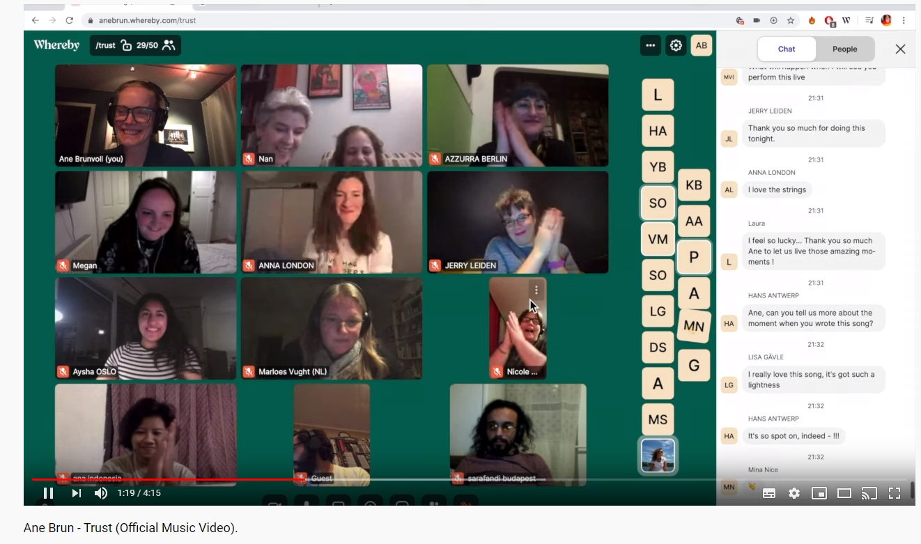 Skjermbilde fra Ane Bruns videochat med fans verden rundt
