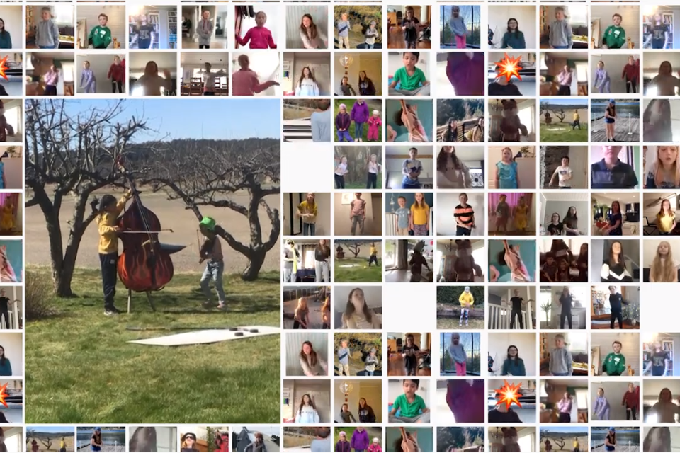 Skjermbilde fra videoen til Syng ut!, der hundrevis av barn fra hele landet har sendt inn sine bidrag til Skolenes sangdags virtuelle kor