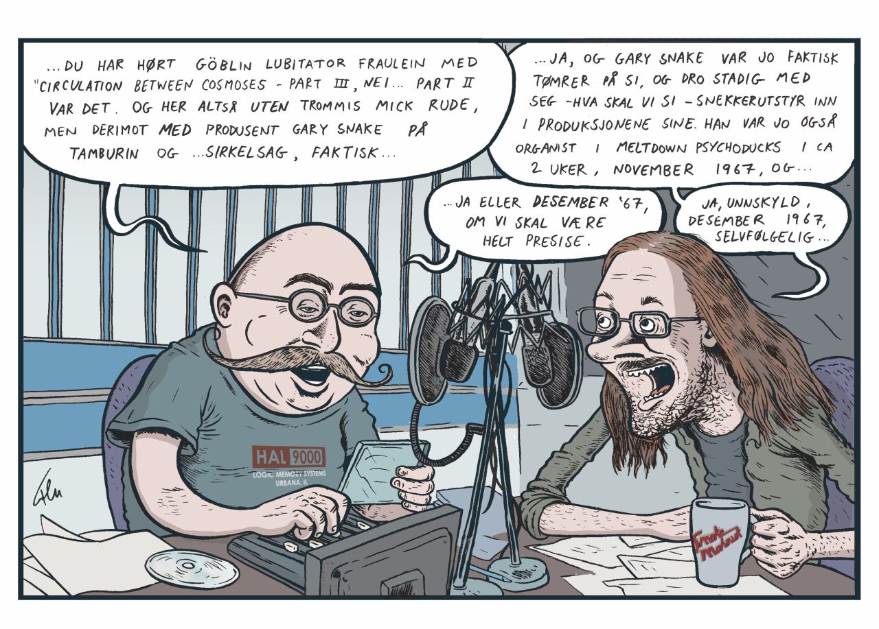 Harald Are Lund med Thomas Felberg, tegna i et fiktivt studio av Flu Hartberg