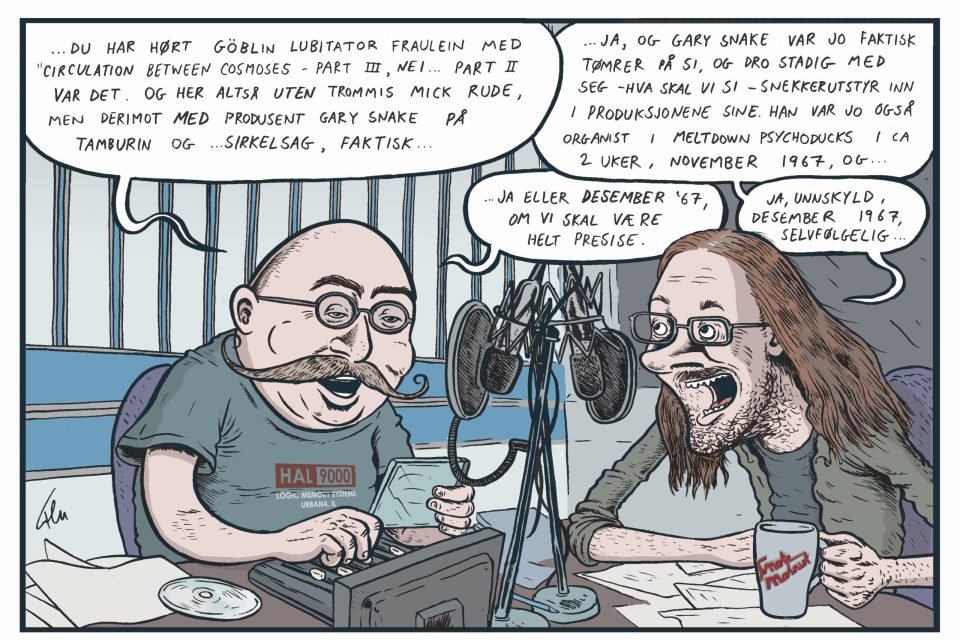 Harald Are Lund med Thomas Felberg, tegna i et fiktivt studio av Flu Hartberg