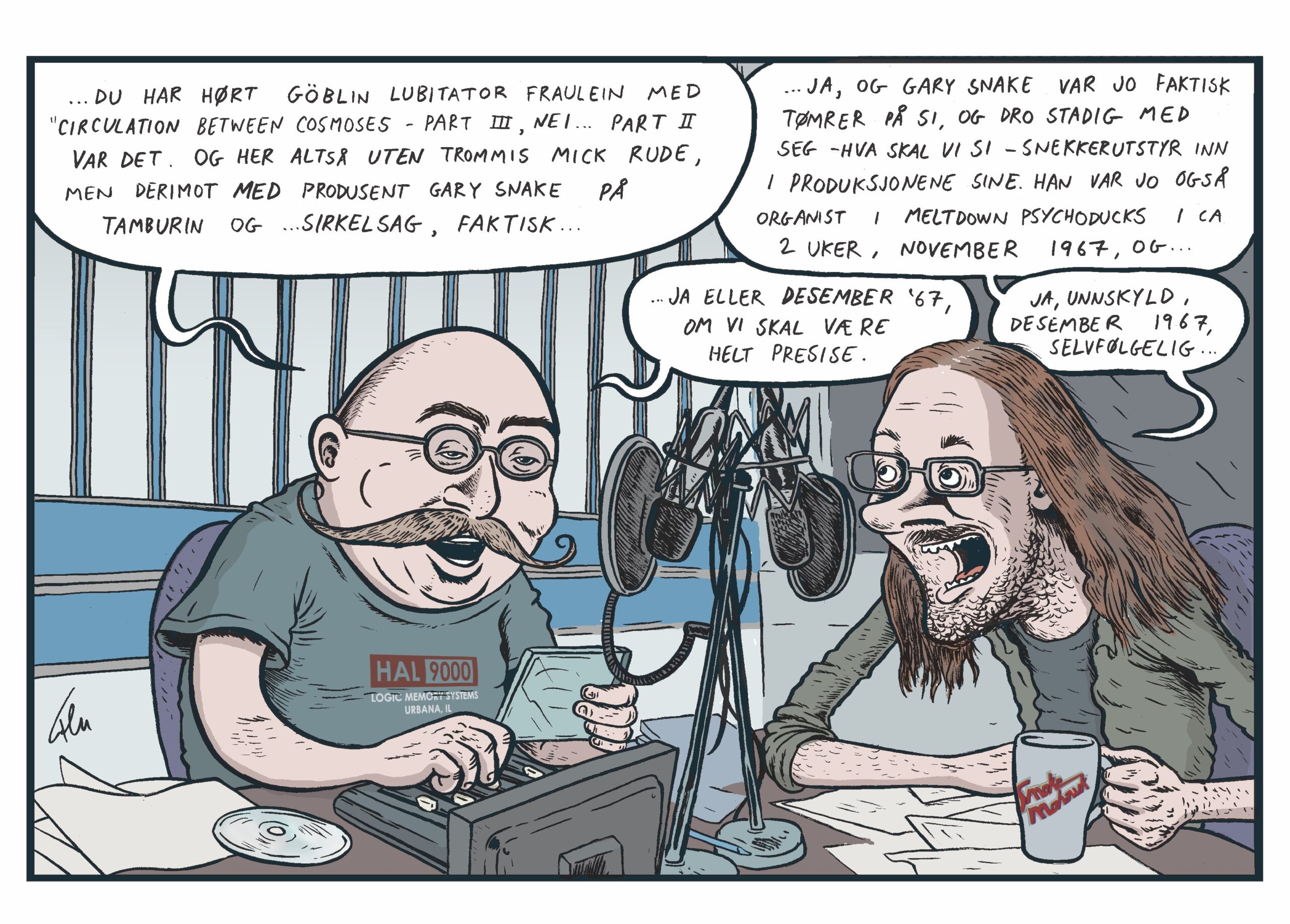 Harald Are Lund med Thomas Felberg, tegna i et fiktivt studio av Flu Hartberg