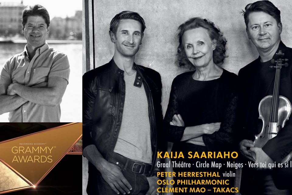 Nominert for ny musikk: Peter Herresthal (t.h.) sammen med dirigent Mao Takacs og komponist Saariaho. Produsent Hans Kipfer redigert inn øverst til venstre