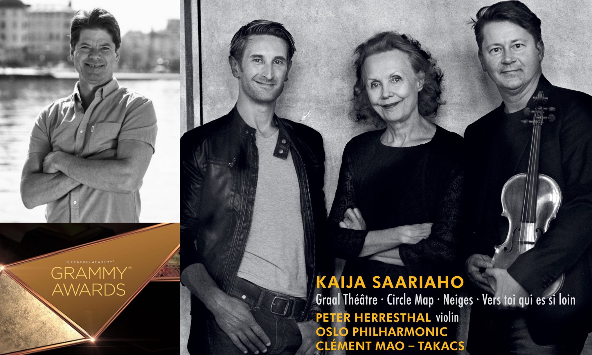 Nominert for ny musikk: Peter Herresthal (t.h.) sammen med dirigent Mao Takacs og komponist Saariaho. Produsent Hans Kipfer redigert inn øverst til venstre