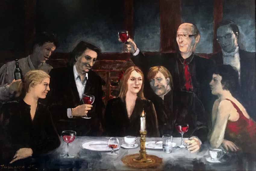 Et IFPI julebord, malt av Billy Johanson. Fiksvik med hevet glass stående til høyre.