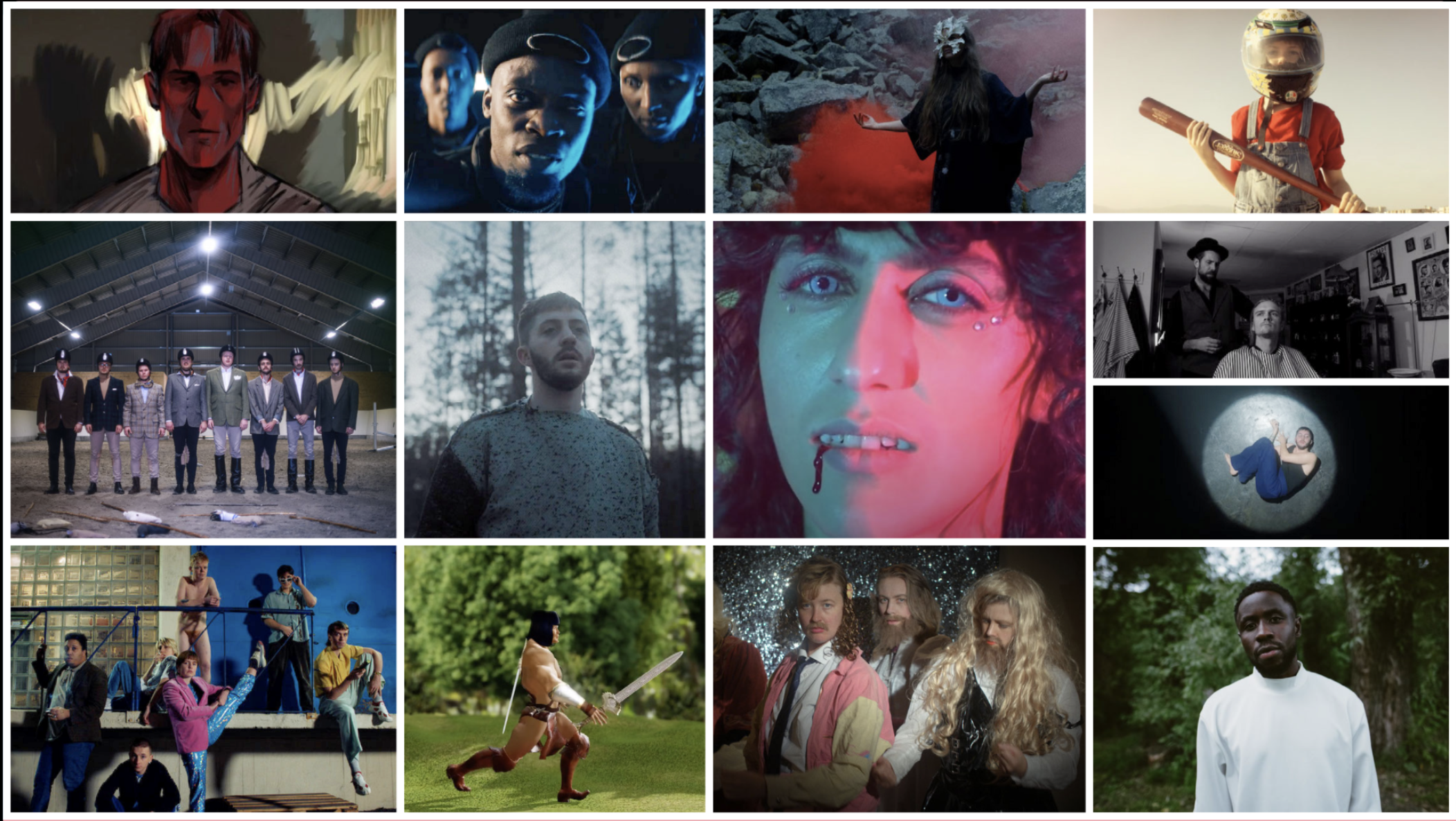 Kollasj med stills fra musikkvideoer under Kortfilmfestivalen i Grimstad, juni 2021.