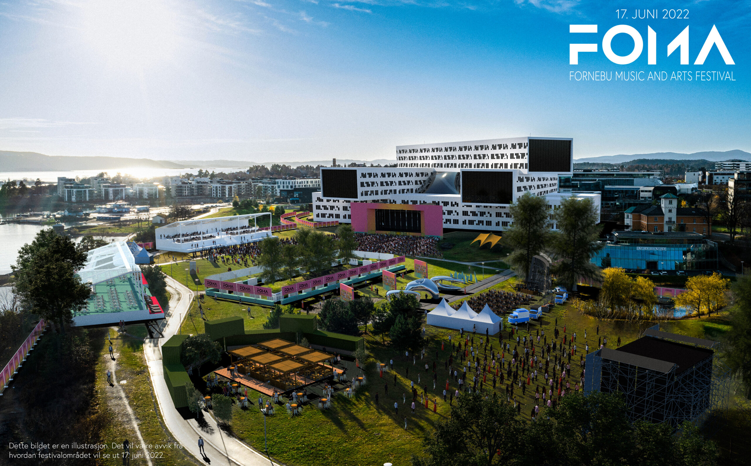 Illustrasjon over det planlagte festivalområdet ved Telenors hovedkontor, Fornebu