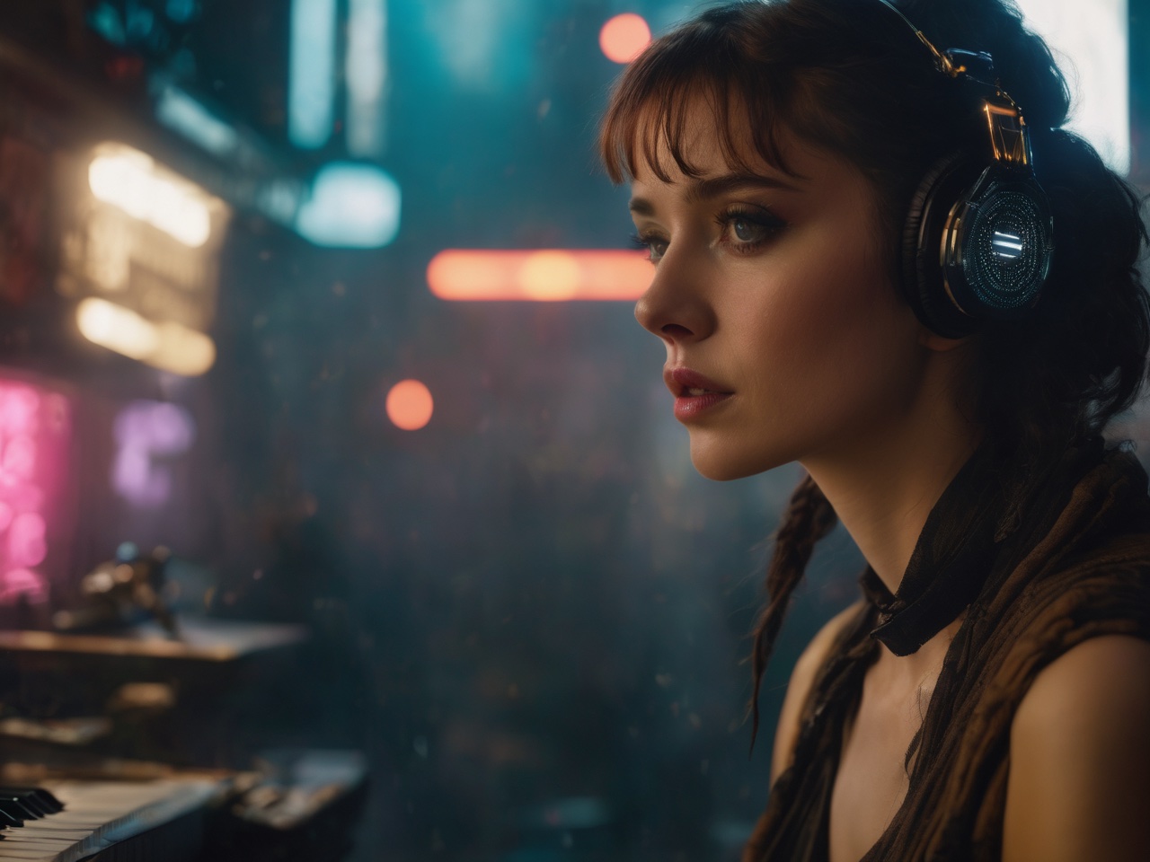 Instruksen til en KI bildegenerator fra redaksjonen: «A female songwriter worrying that AI might destroy her possibilities for making money on her work in the future, in the style of Blade Runner». Opphav: Aner ikke. Men det er satt sammen på Gencraft.