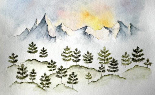 Akvarell med soloppgång, lyse fjell, grøne tre. Plateomslag David Hveem.