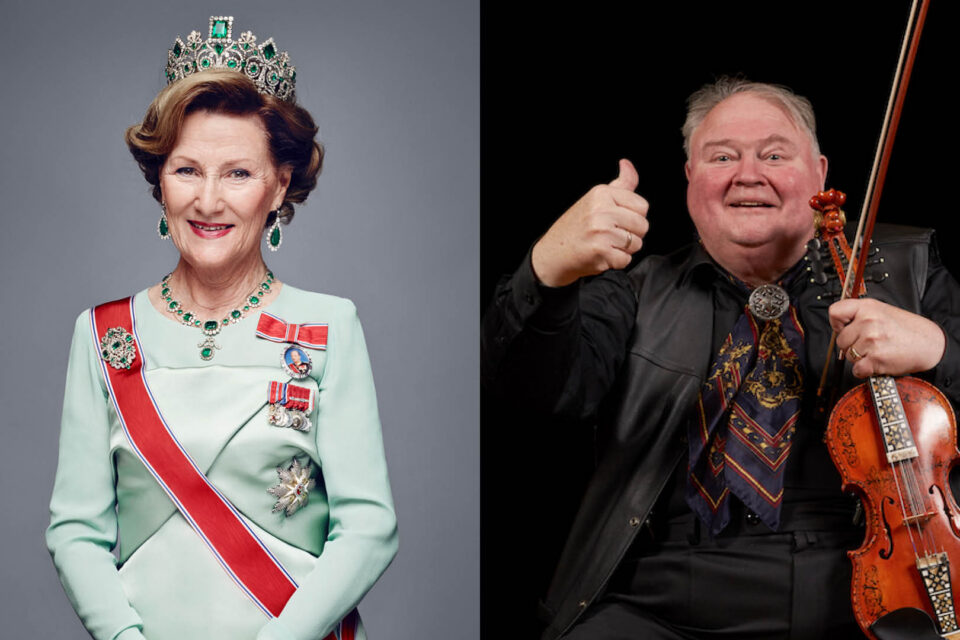 To som feirar folkemusikk i helga: Hennar Majestet Dronning Sonja og spelemann Knut Buen.