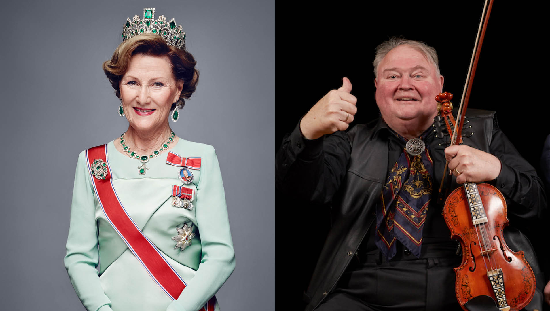 To som feirar folkemusikk i helga: Hennar Majestet Dronning Sonja og spelemann Knut Buen.