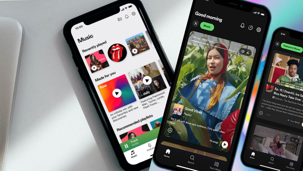 Deezer og Spotify i mobilskjermene (collage av pressebilder fra de to strømmetjenestene)