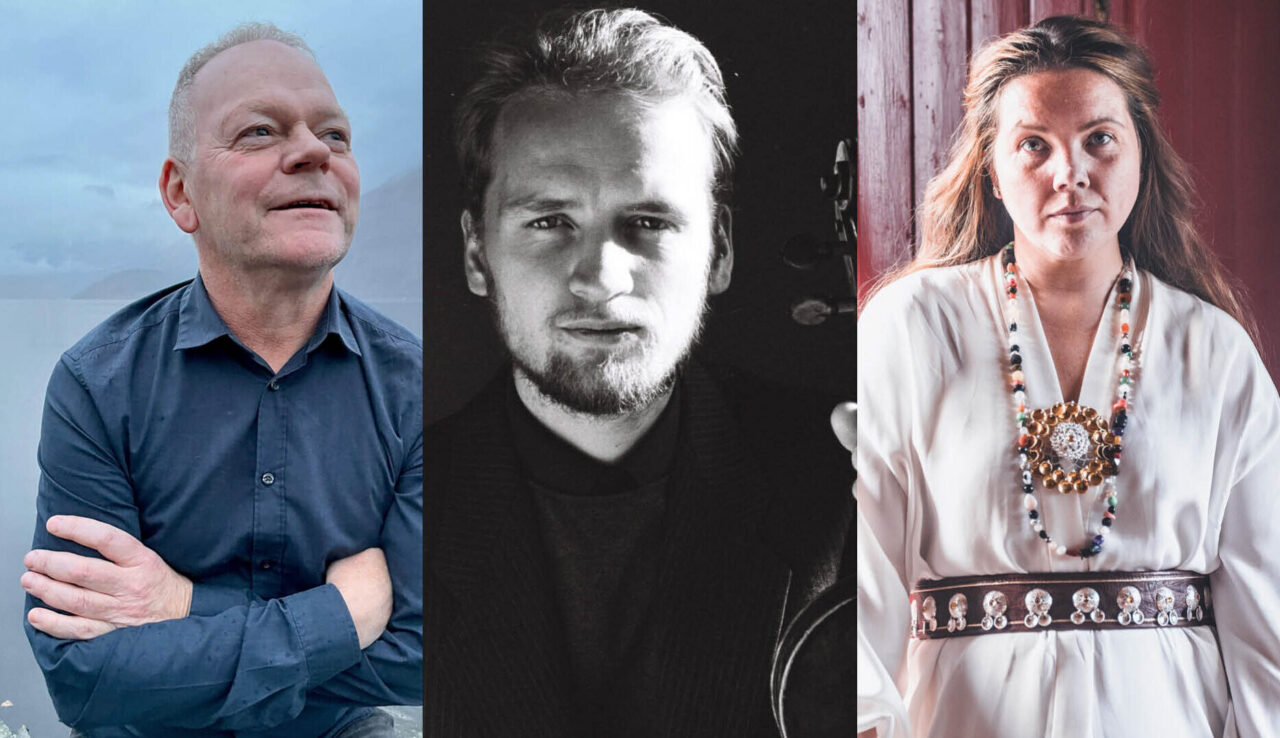 Bidlecollage med tre personer, en mann til høyre i blå skjorte med blikket løftet, i midten en mann i svart skjorte med blikk rett i kamera, til høyre en kvinne i hvit kofte med tradisjonelt belte, hun ser rett i kamera.
