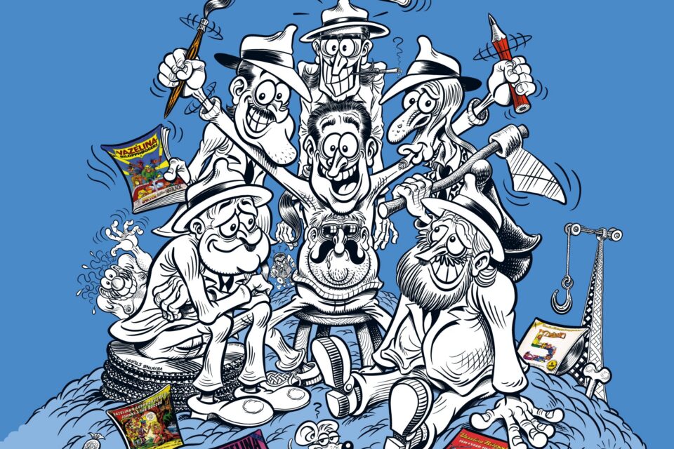 Tommy Sydsæters tegning av Vazelina medlemmene, noen bifigurer fra de gamle seriene, samt seg sjøl (og Pyton redaktøren på brystet …): Plakat for utstillinga på Rockheim.