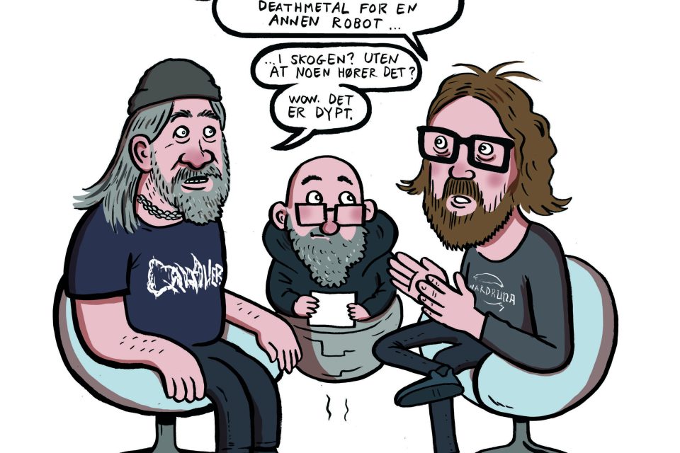 Anders Odden og Einar Duenger Bøhn om KI og musikk – live podkast – Illustrasjon av Flu Hartberg